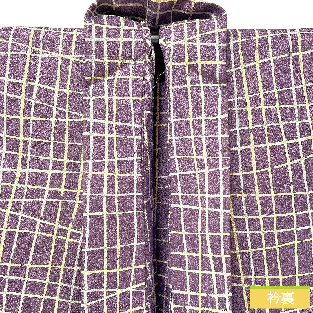 Small pattern, polyester, length 159cm, sleeve length 66cm, single layer, ancient purple, washable kimono, checkered pattern, A rank, purple, 1115004863320