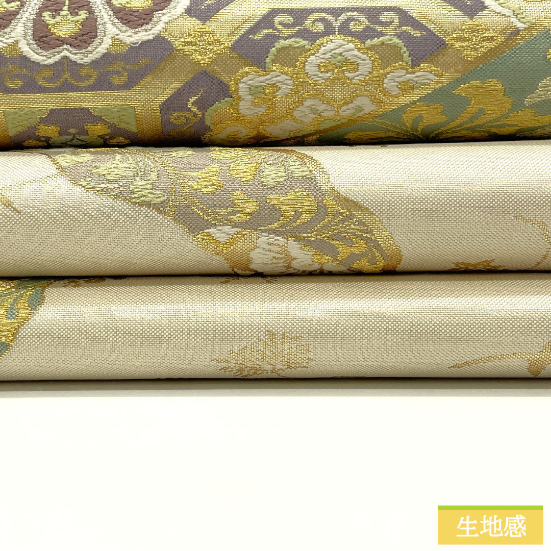 Fukuro Obi (sash), pure silk, B-grade, milky white, Nishijin-ori (fine weave), auspicious motifs, length 448cm, six-pass, formal, cream-colored, product number 1123016094315