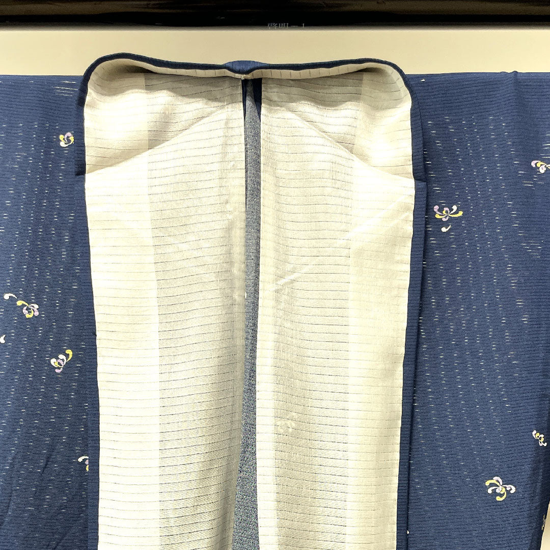 夏物 正絹 小紋 身丈160cm 裄丈67cm 濃紺色（のうこんいろ） 菊の花びら 絽 Aランク 紺系 1132000523418