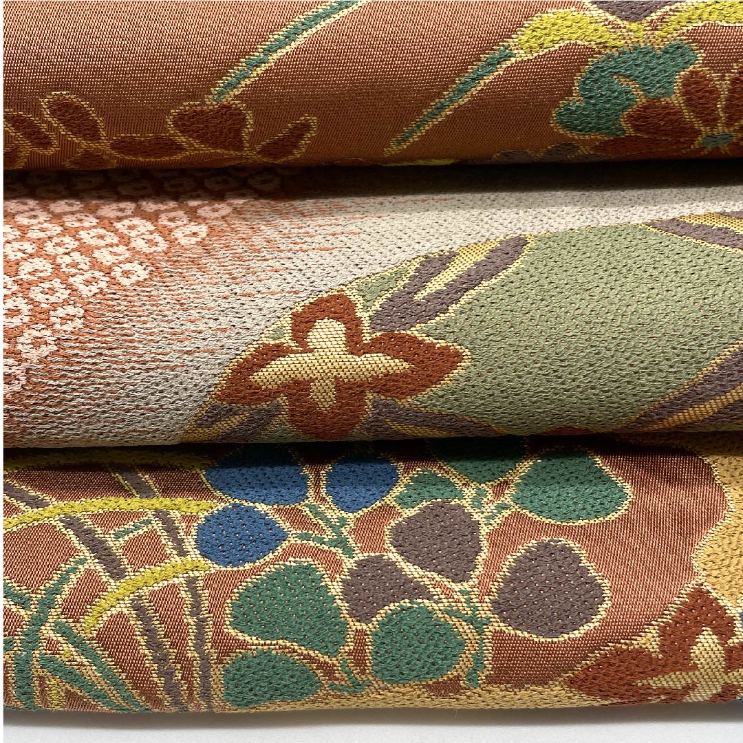 袋帯 弁柄色（べんがらいろ） 白綾苑大庭 藤 七宝 小菊 帯丈430cm 正絹 Sランク 六通 セミフォーマル グラデーション系 1123008662399