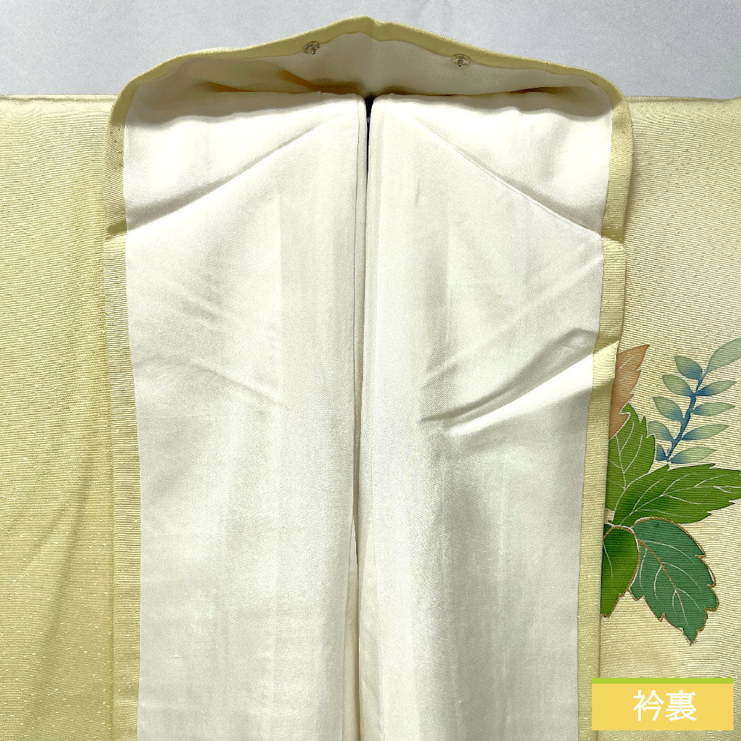 訪問着 正絹 袷 身丈156.5cm 裄丈63cm 淡黄色（たんこうしょく） 京友禅 草花模様 Aランク 黄系 1112005393323