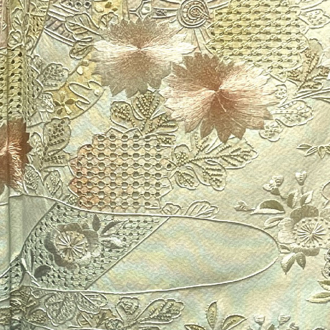 訪問着 袷 身丈159.5cm 裄丈65cm 翠山刺繡 利休白茶色 汕頭刺繡 蘇州刺繡 片喰 正絹 Sランク 緑系 1112002242319