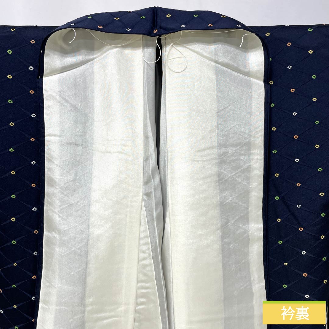 小紋 正絹 Aランク 身丈162.5cm 裄丈62.5cm 袷 濃紺色（のうこんいろ） 絞り 籠目 点  紺系 1115007353418