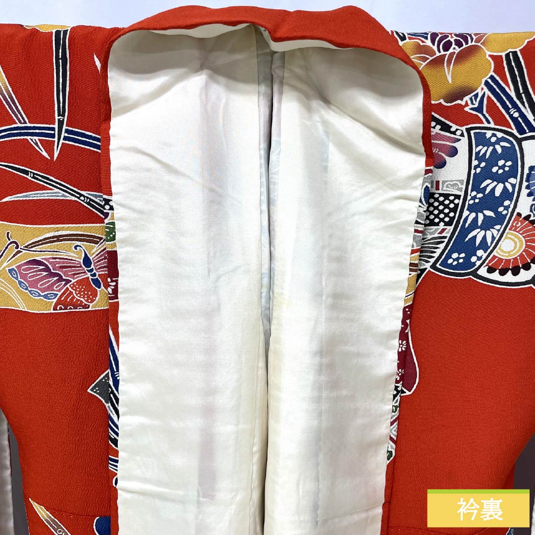 Furisode (long-sleeved kimono) made of pure silk, S-rank, length 166cm, sleeve length 67cm, lined, red, Kyoto Bingata pattern, with a bundled noshi (gift tag) and red crepe fabric, product number 1113002412512