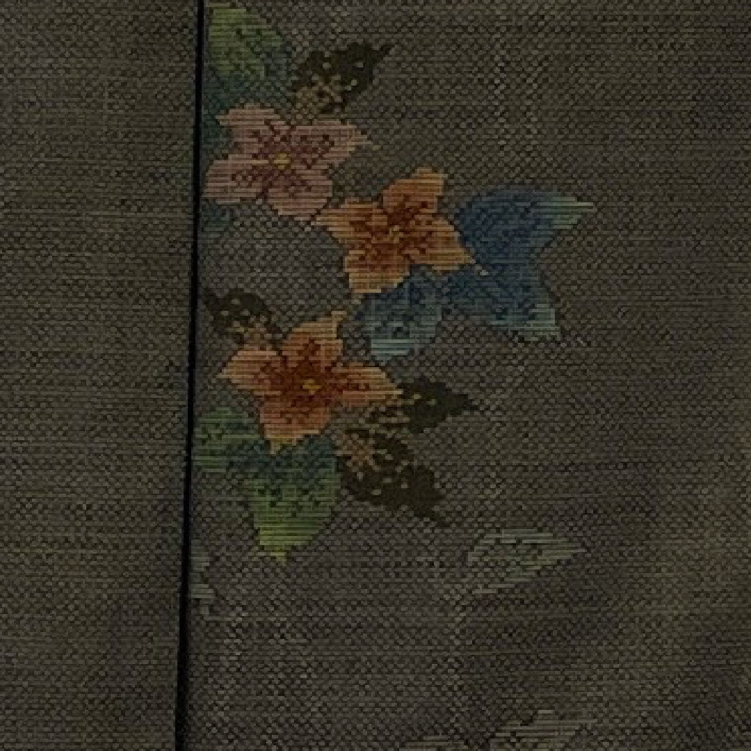 Oshima Tsumugi, Length 167cm, Sleeve Length 64cm, Flower and Leaf Pattern, 7 Marks, Pure Silk, S Rank, Awase, Gray, 1116000892422