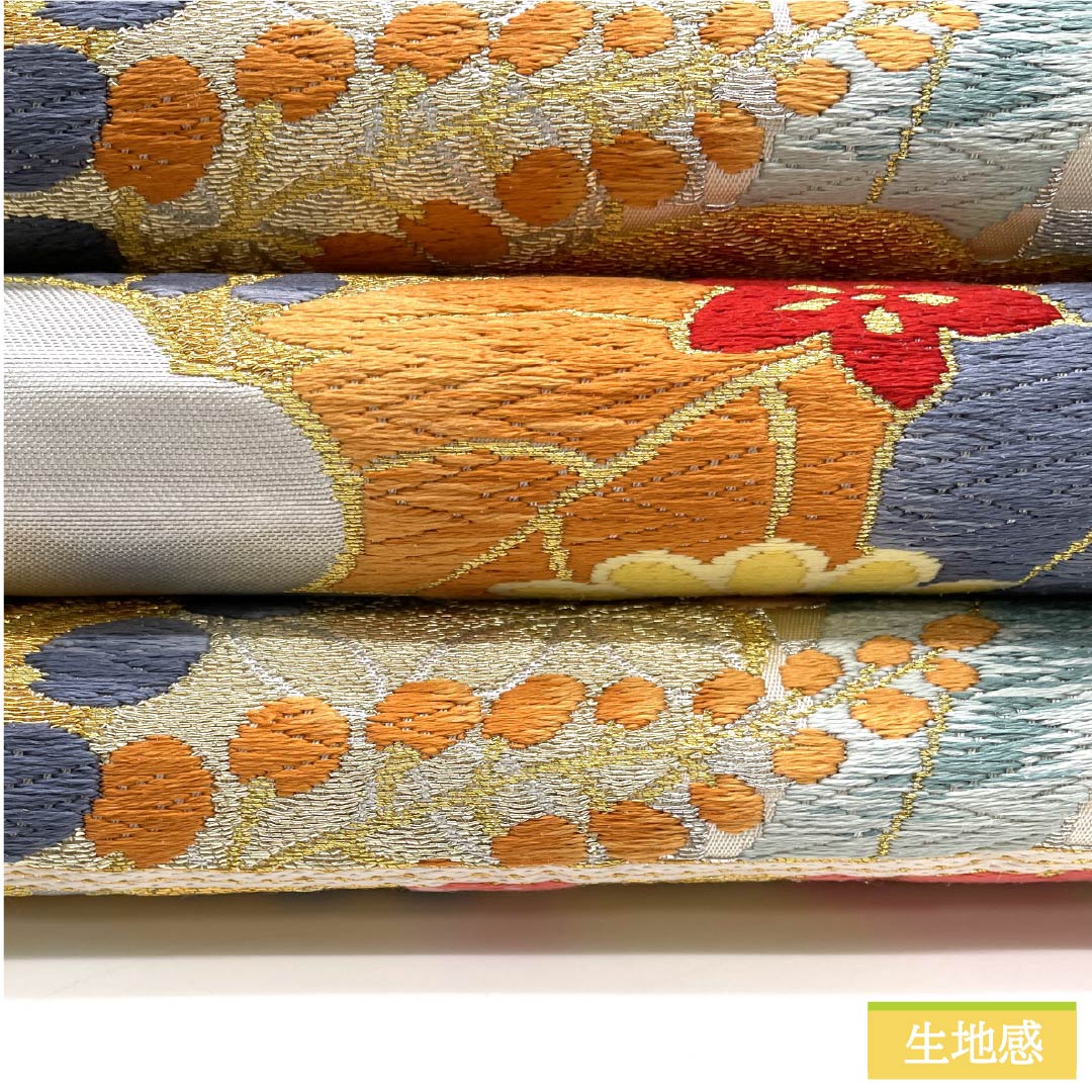 Fukuro Obi, pure silk, fish belly white (gyo to aku iro), Shirayaen Oba, chrysanthemum, bellflower, bamboo, obi length 432cm, A rank, six-pass, formal, gray, 1123012023322