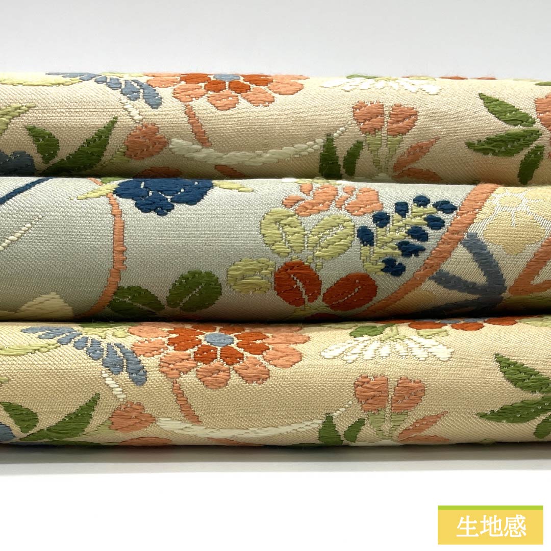 (Maru obi) Fukuro obi, pure silk, off-white (kinari-iro), Maru obi, Japanese style, Shippo, floral pattern, obi length 410cm, S rank, full length, formal, cream color, 1123013932315