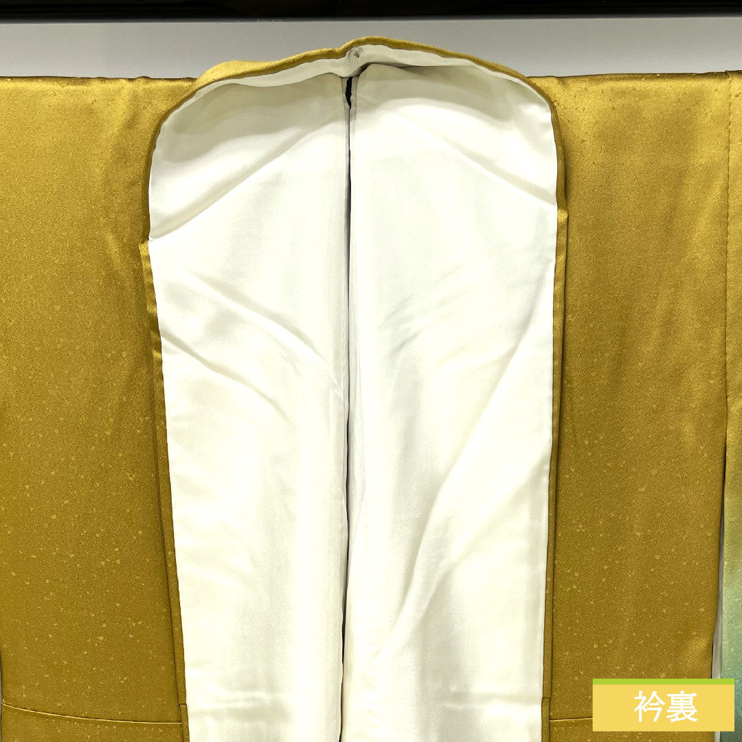 Homongi, pure silk, lined, length 156.5cm, sleeve length 62.5cm, ochre, Kyoto Yuzen, floral pattern, Scotchguard processing, S rank, yellow, 1112004422323