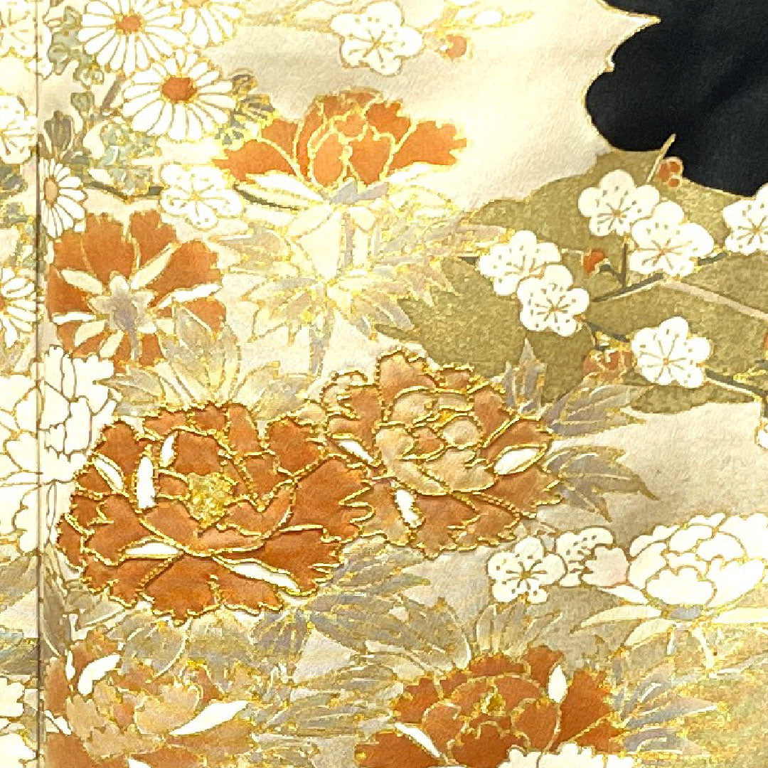 Black Tomesode, Length 166cm, Sleeve Length 66.5cm, Awase, Kyoto Yuzen, Floral Pattern, Katabami, Pure Silk, A Rank, Five Crests, Black, 1111000743510
