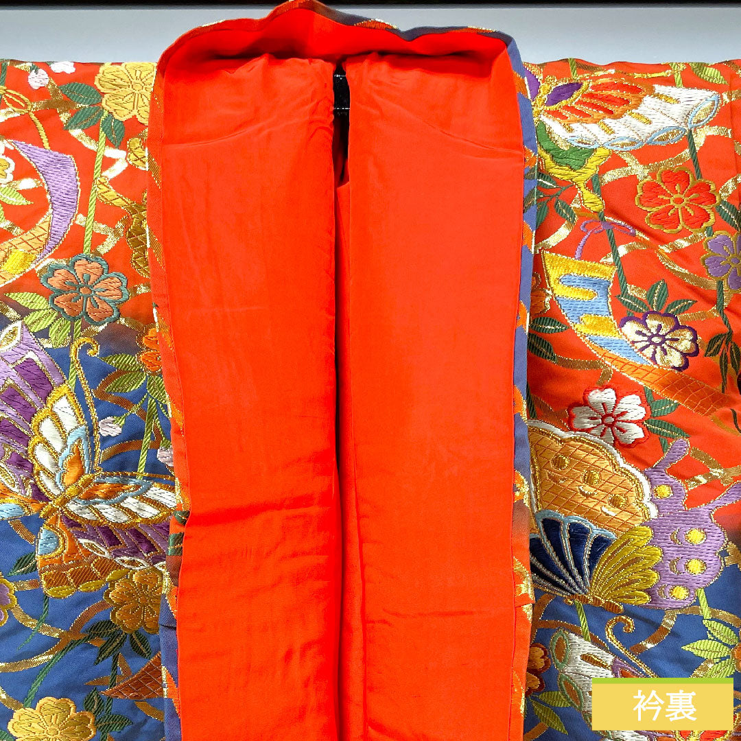 Colored uchikake, pure silk, length 192cm, sleeve length 66cm, scarlet, Karaori, butterfly, floral pattern, S rank, lined, vermilion, 1110000872916
