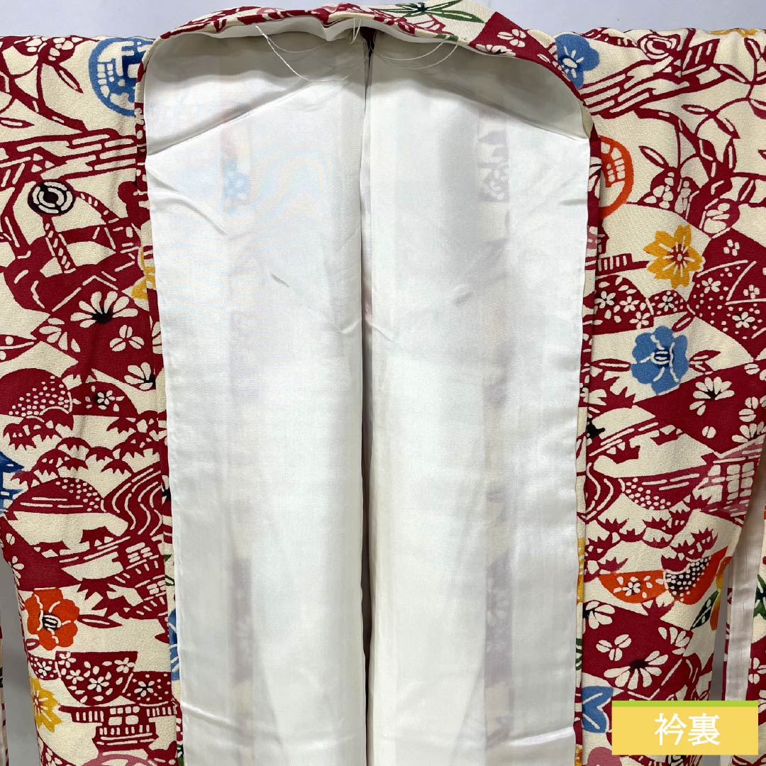 Komon silk S-rank kimono, length 159.5cm, sleeve length 66cm, lined, Tokyo white-brown (Tokyo shirachairo) pattern, Kyoto Bingata, Kyoto landscape design, cream-toned, product number 1115006852315