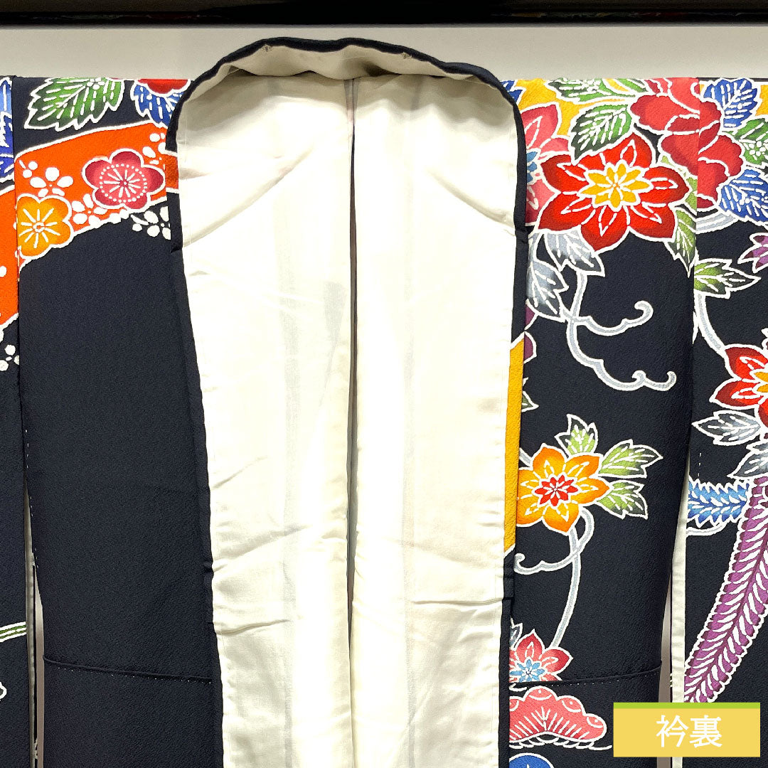 振袖 正絹 身丈157cm 裄丈63cm 袷  京紅型 草花模様  Sランク 黒系 1113001862310