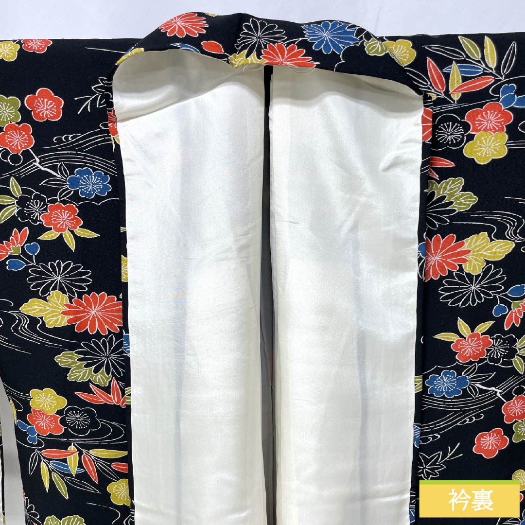 Komon (small pattern) silk, S rank, length 158.5cm, sleeve length 65.5cm, lined, stencil-dyed, pine, bamboo, plum, chrysanthemum, black, 1115006872310