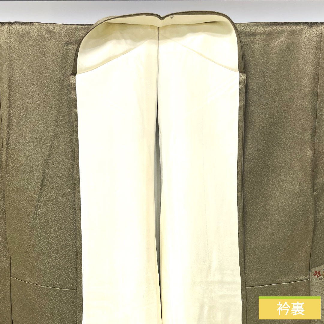 Homongi, pure silk, lined, length 154cm, sleeve length 63cm, kobi chairo (light brown), floral pattern, with basting thread, A rank, green, 1112004523219