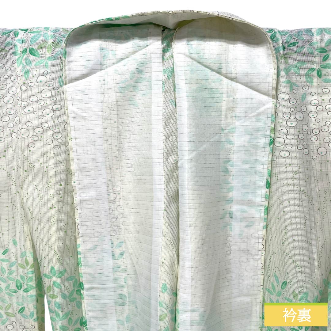 夏物 ポリエステル 小紋 Sランク 身丈161.5cm 裄丈64.5cm 乳白色（にゅうはくしょく） 型染 葉模様 横段 絽 白系 1132004952411