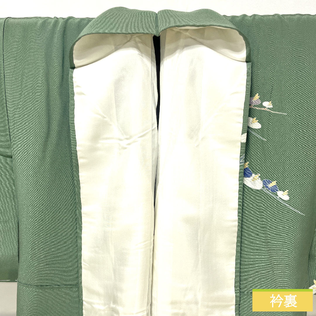 Homongi, pure silk, lined, length 146.5cm, sleeve length 60cm, rokan-iro, Kyoto yuzen, abstract pattern, basting thread included, unused, S rank, green, 1112005102119