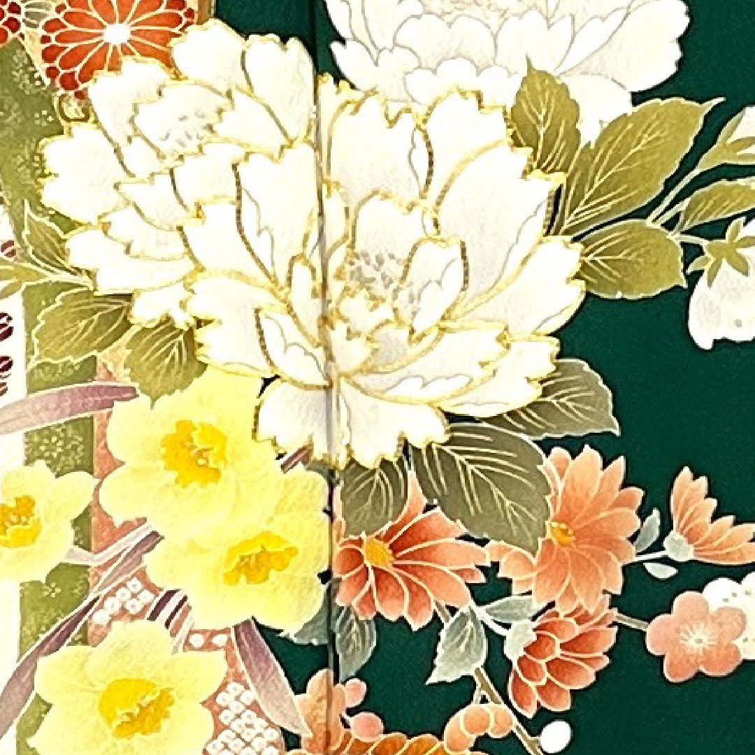 Long-sleeved kimono, length 165cm, sleeve length 65cm, lined, Imperial carriage and flower pattern, pure silk, S rank, green, 1113000502519