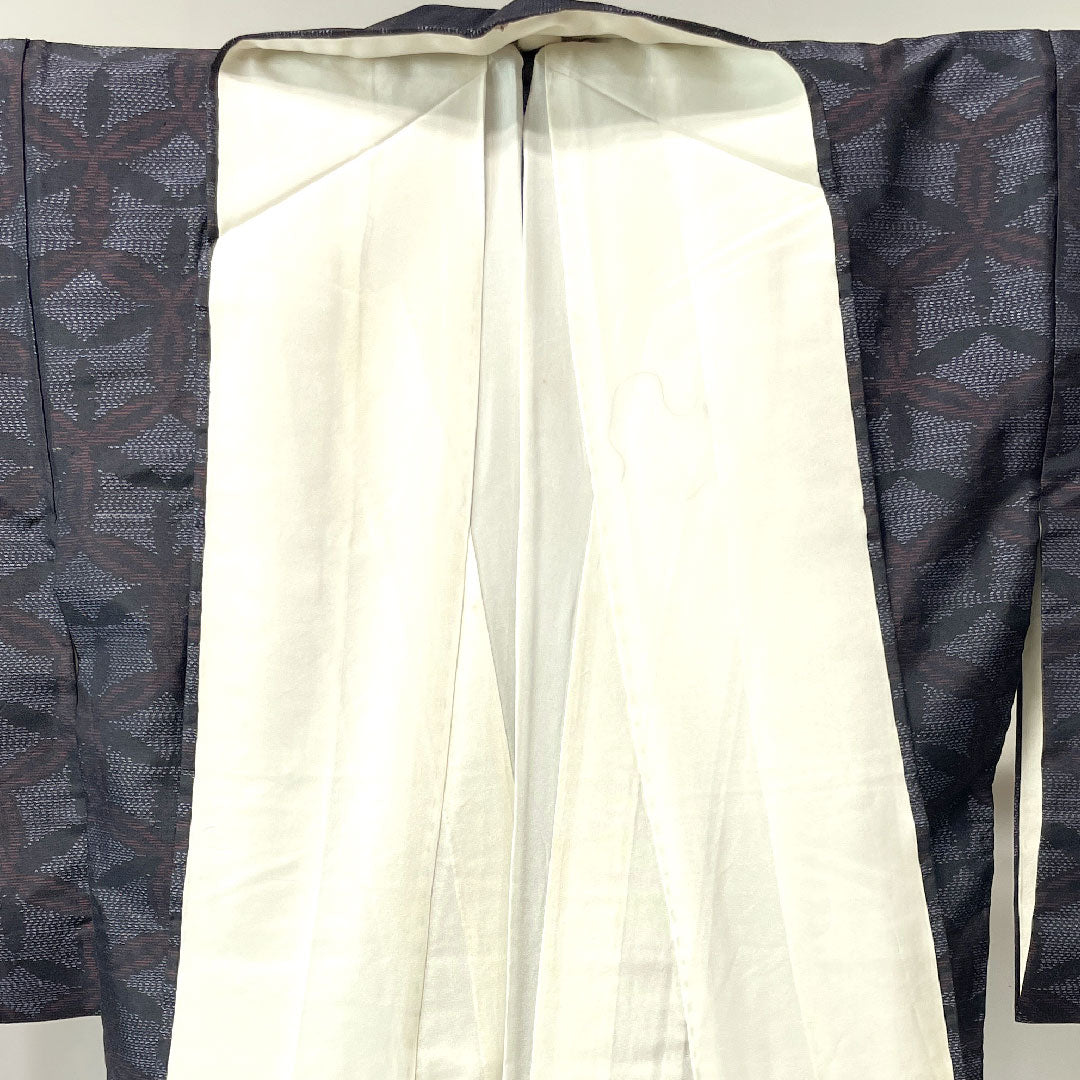 Oshima Tsumugi, Length 160cm, Sleeve length 63.5cm, Weft Kasuri, Shippo, Pure Silk, A Rank, Lined, Black, 1116002583410