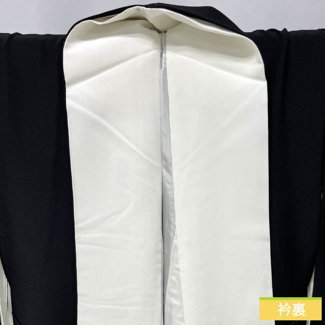 Black Tomesode (Tomesode) - Pure Silk, Rank B, Length 157cm, Sleeve Length 64.5cm, Lined, Five Crests (Gosan-kiri), Designed with a Paulownia Pattern, Crane, Pine, and Flowing Water - Black, Item Number: 1111001914310