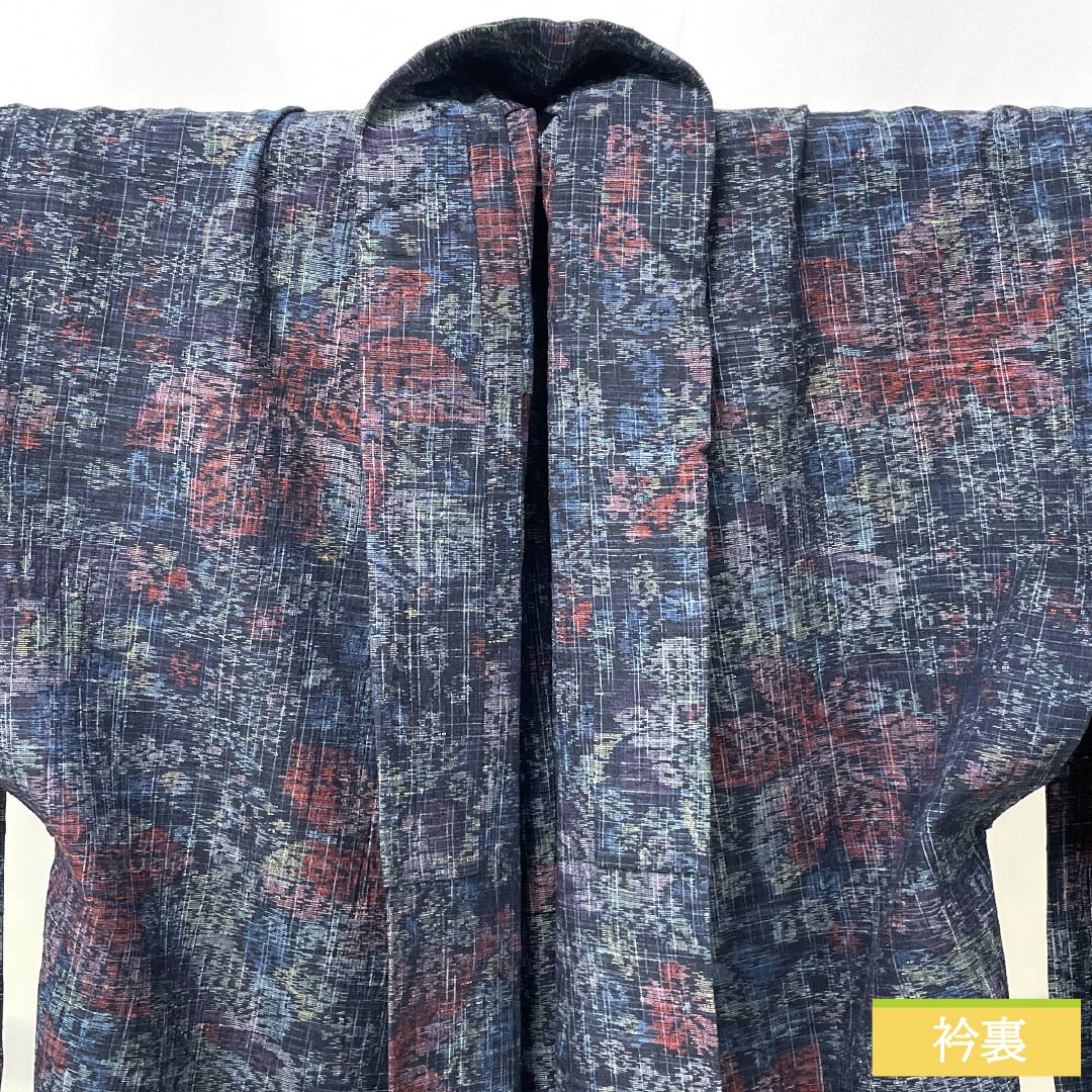Tsumugi Silk S Rank Length 159.5cm Sleeve Length 66cm Dark Blue Floral Pattern Unlined Navy 1116005152318