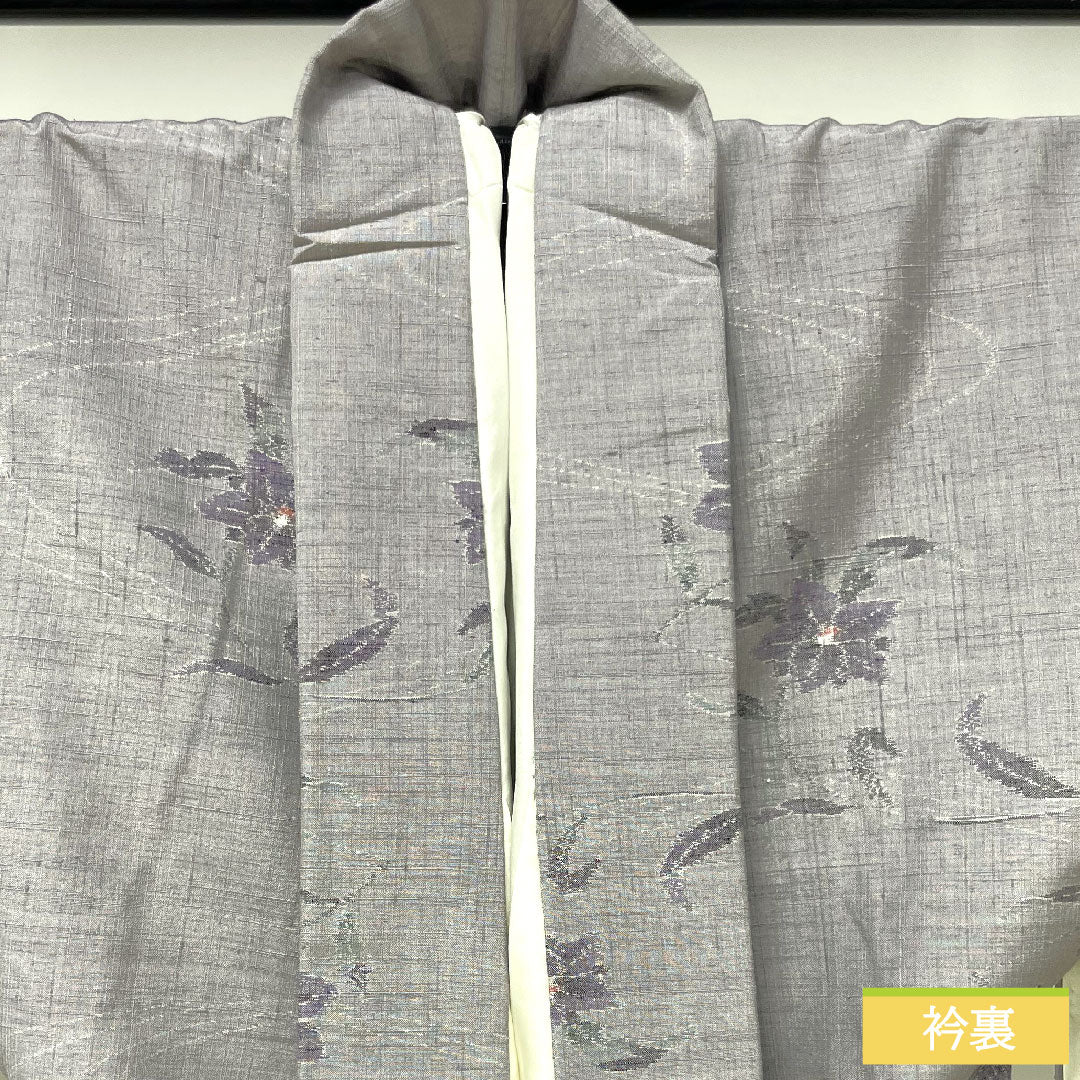 紬 正絹 身丈149.5cm 裄丈60.5cm 鈍紫色（にぶむらさきいろ） 流水 花模様 Aランク 袷 グレー系 1116003593122