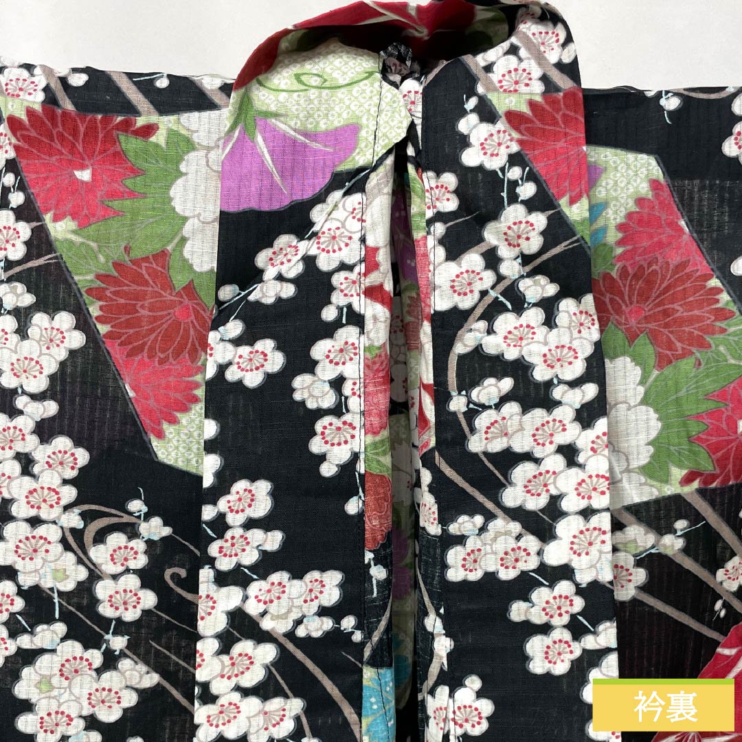 Cotton Yukata, Length 167cm, Sleeve Length 64cm, S Rank, Single Layer, Black, Vertical Silk, All-over Flower Pattern, Fan Pattern, 1118006262510