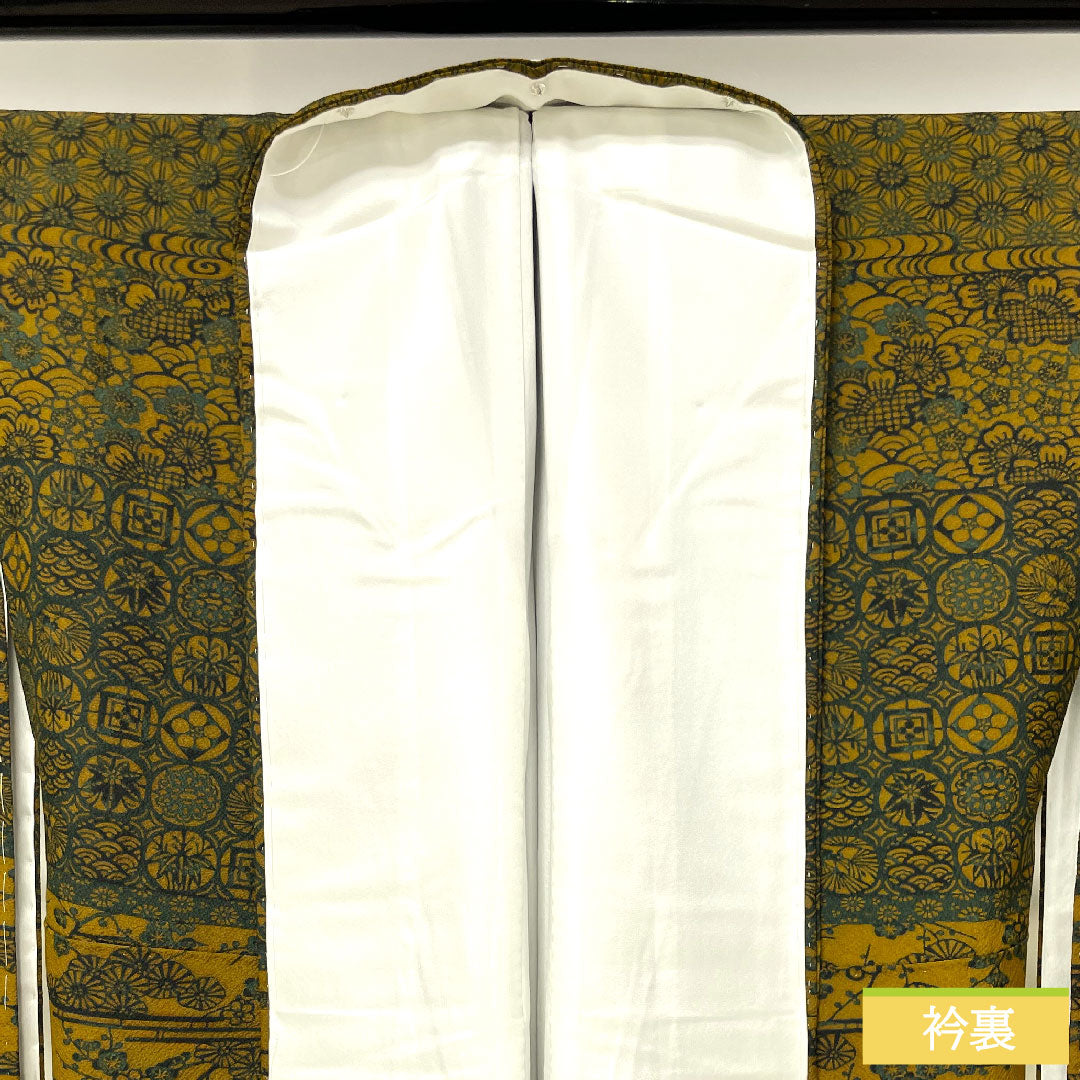 Small pattern, pure silk, length 161.5cm, sleeve length 65cm, lined, yellow oak color, stencil dyeing, auspicious motif, S rank, yellow, 1115004192423
