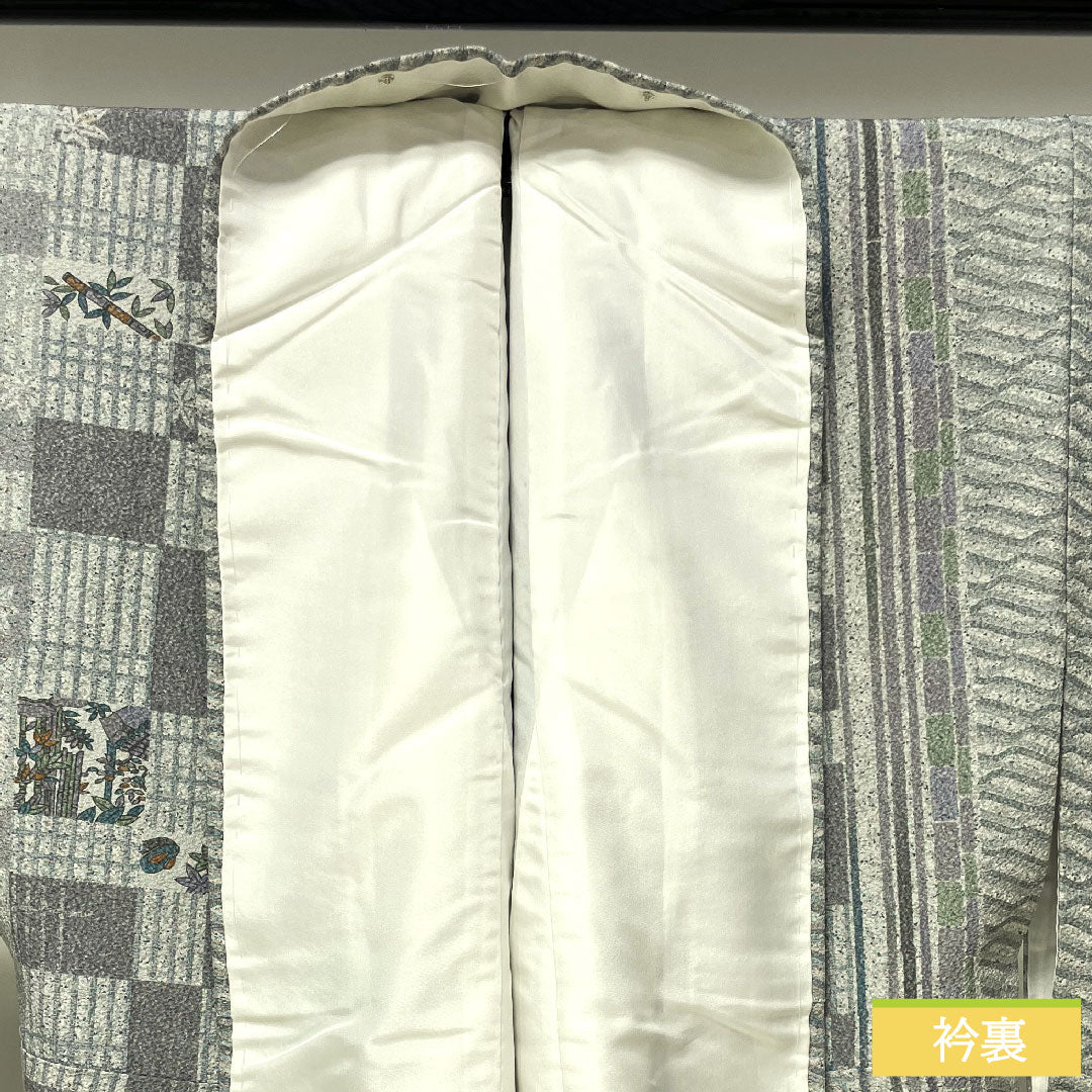小紋 正絹 身丈151.5cm 裄丈62.5cm 袷 雲井鼠色（くもいねずいろ） 町家風景 幾何学模様 Aランク グレー系 1115004223222