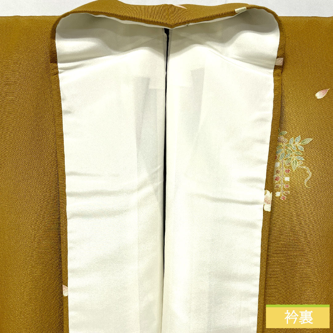 訪問着 正絹 袷 身丈156cm 裄丈66.5cm 木蘭色（もくらんじき） 桜 源氏香 パールトーン加工 Aランク 黄系 1112005433323