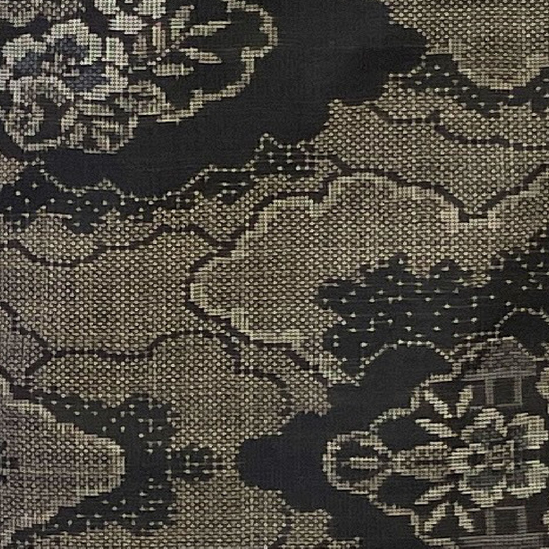 Oshima Tsumugi, Length 159cm, Sleeve length 66cm, Warp and weft kasuri, 9 marks, Clouds and flowers, Pure silk, S rank, Lined, Black, 1116001322310