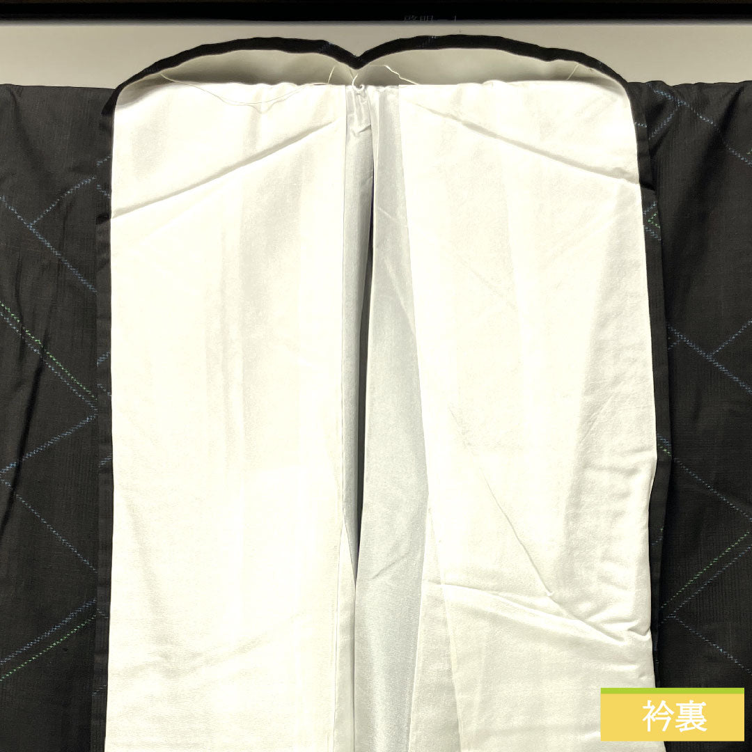 大島紬 正絹 身丈168.5cm 裄丈66cm  しつけ糸付き 幾何学模様 Sランク 袷 黒系 1116002912510