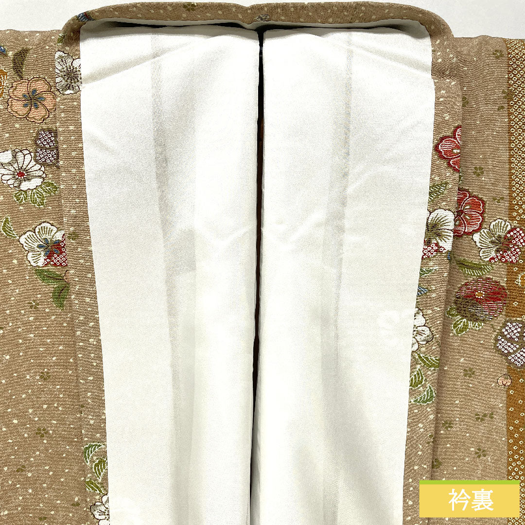 小紋 ポリエステル 身丈159cm 裄丈65cm 袷 香色（こういろ） 洗える着物 辻ヶ花 しつけ糸付き 未使用品 Sランク ベージュ系 1115004532325