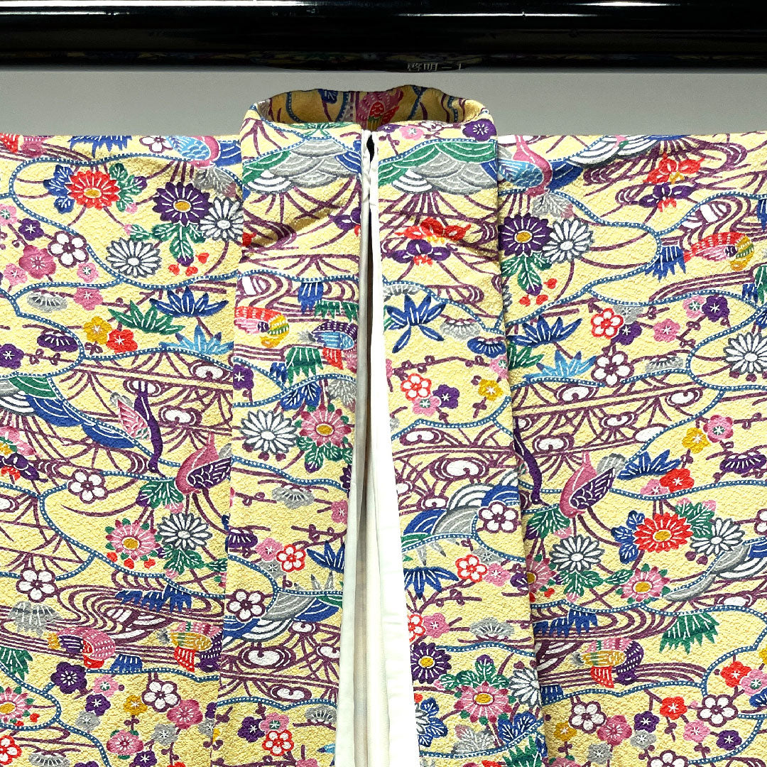 小紋 身丈161.5cm 裄丈65cm 袷  しつけ糸付き 未使用品 薄柑子色 型染 吉祥文様  正絹 Sランク 黄系 1115003392423