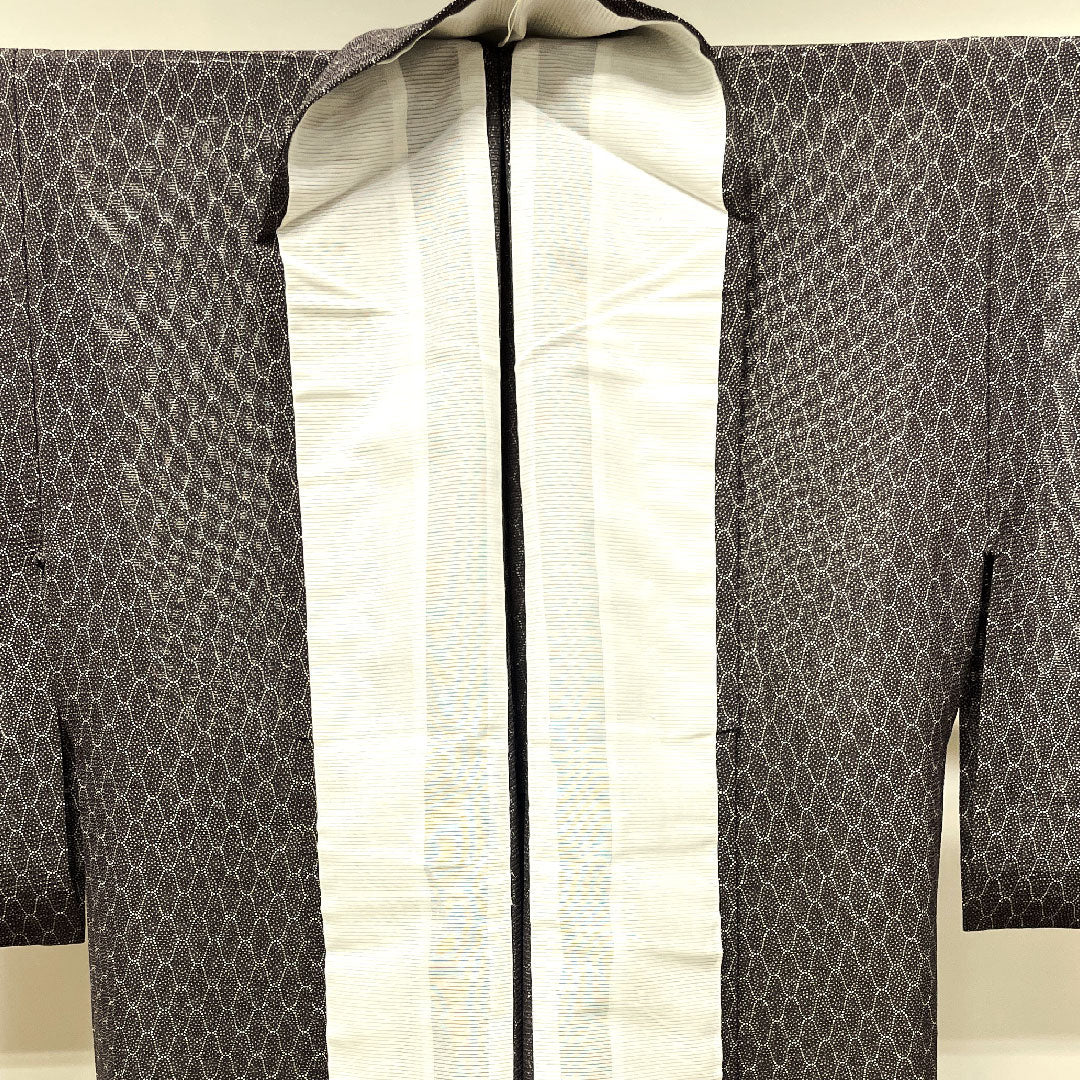 Summer pure silk komon kimono, length 160cm, sleeve length 63.5cm, dark grey, geometric pattern, silk, A rank, brown, 1132001673414