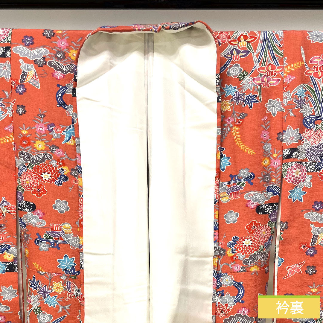 Komon, pure silk, length 161.5cm, sleeve length 64.5cm, lined, medium crimson, Kyoto Bingata, auspicious motif, S rank, pink, 1115004022413