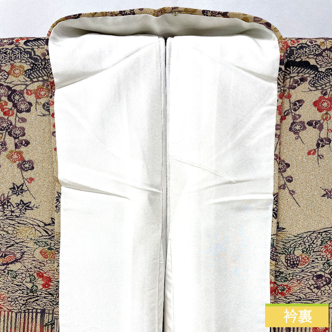 Homongi, pure silk, lined, length 172cm, sleeve length 64.5cm, pine dyed, Kyoto Bingata, auspicious motif, Silfine processing, crepe fabric, S rank, beige, 1112005982625