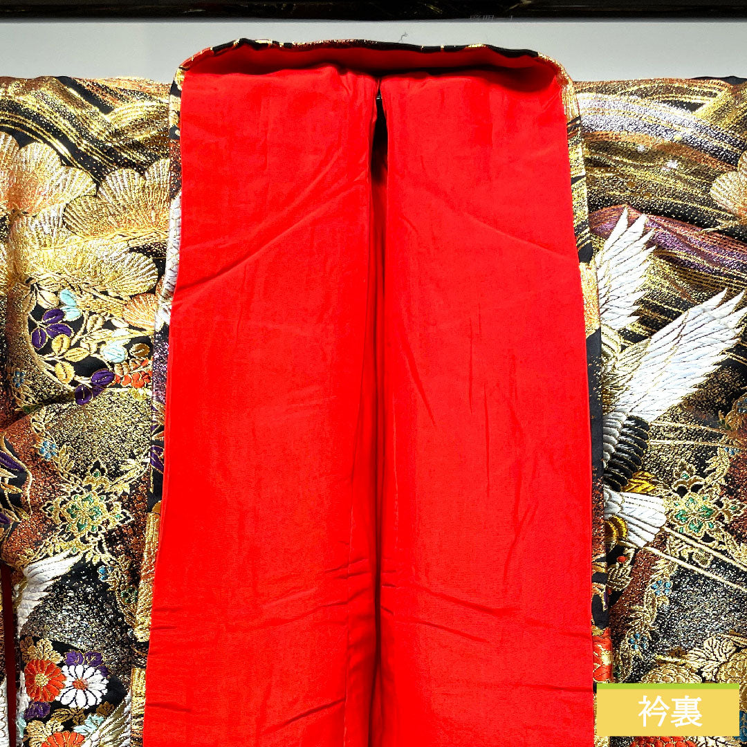Colored uchikake, pure silk, length 190cm, sleeve length 65cm, Karaori, pine and crane, S rank, lined, black, 1110000722910
