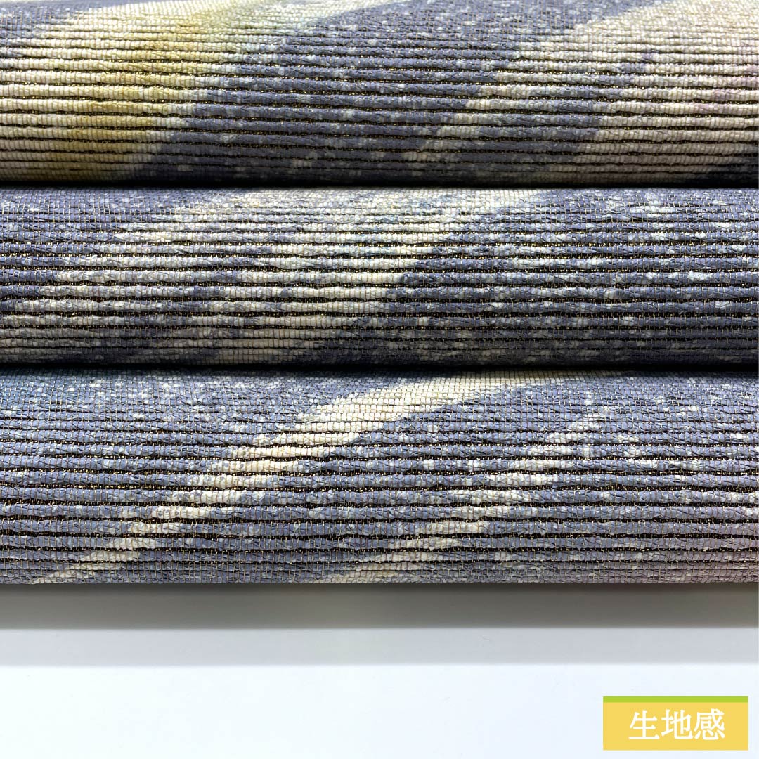 袋帯 正絹 錆鼠色（さびねずいろ） 西陣織 抽象模様 金糸入り 帯丈442cm Sランク 六通 セミフォーマル 青系 1123012692317