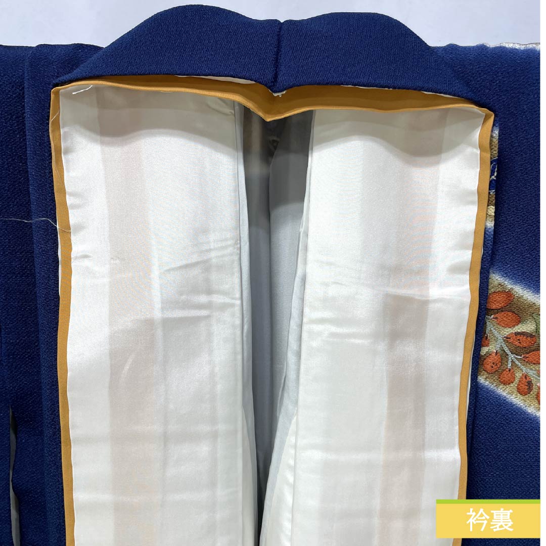 Visiting Kimono, Pure Silk, S Rank, Lined, Length 155cm, Sleeve Length 63cm, Navy Blue, Chirimen Fabric, Tsujigahana Pattern, Navy Blue, Product Number: 1112006292318