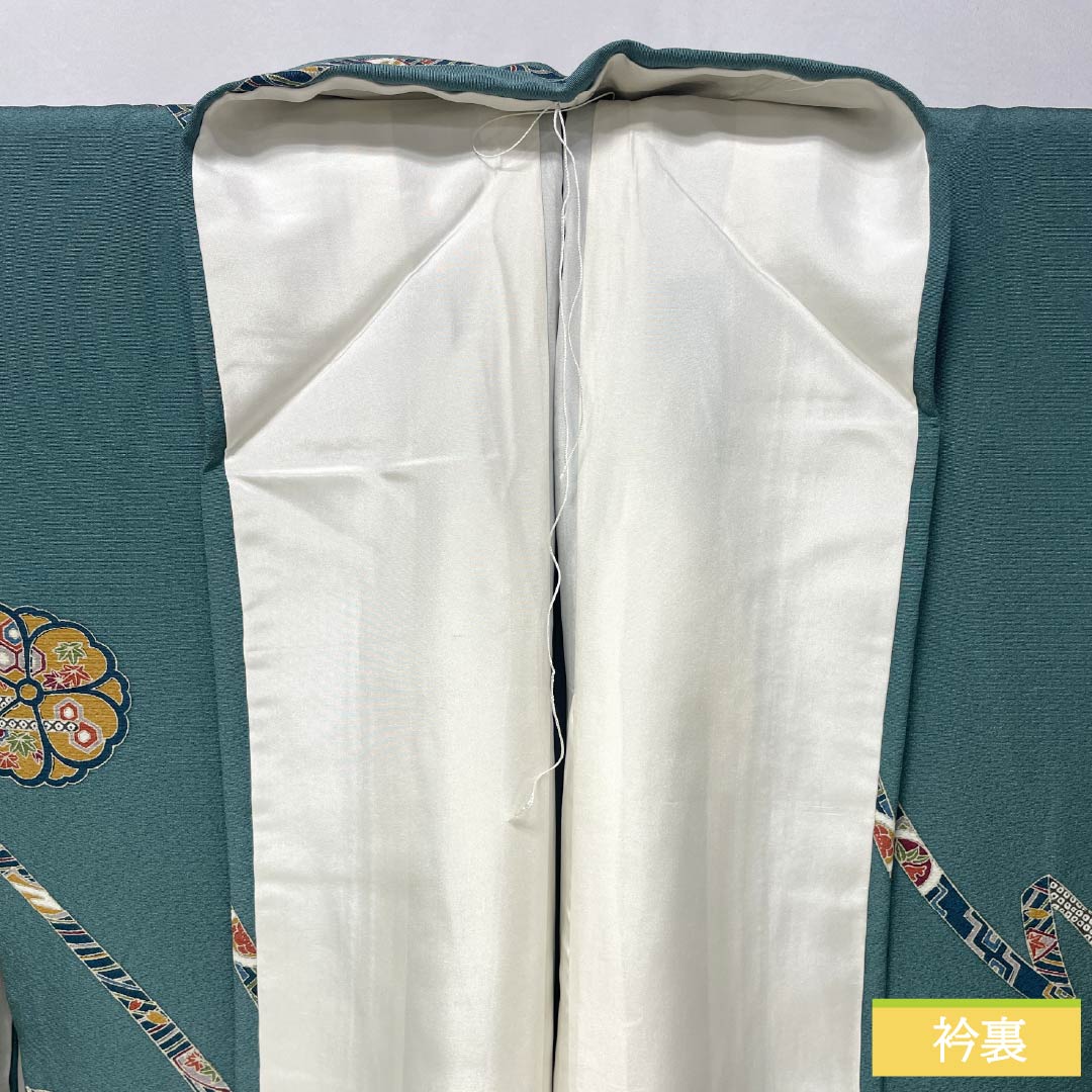 Komon, pure silk, length 152.5cm, sleeve length 64.5cm, lined, Yamaaizuuriiro (Yamaaizuri-iro), stencil dyeing, noshi (Japanese traditional wrapping paper), floral pattern, Scotchgard, B rank, green, 1115005484219