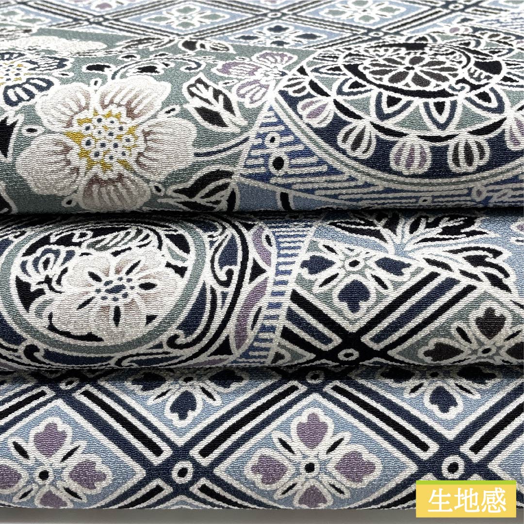 Fukuro Obi (light indigo blue) with a floral pattern and a cut-inlay look, obi length 453cm, pure silk, S rank, full length, casual, light blue, 1123009632424