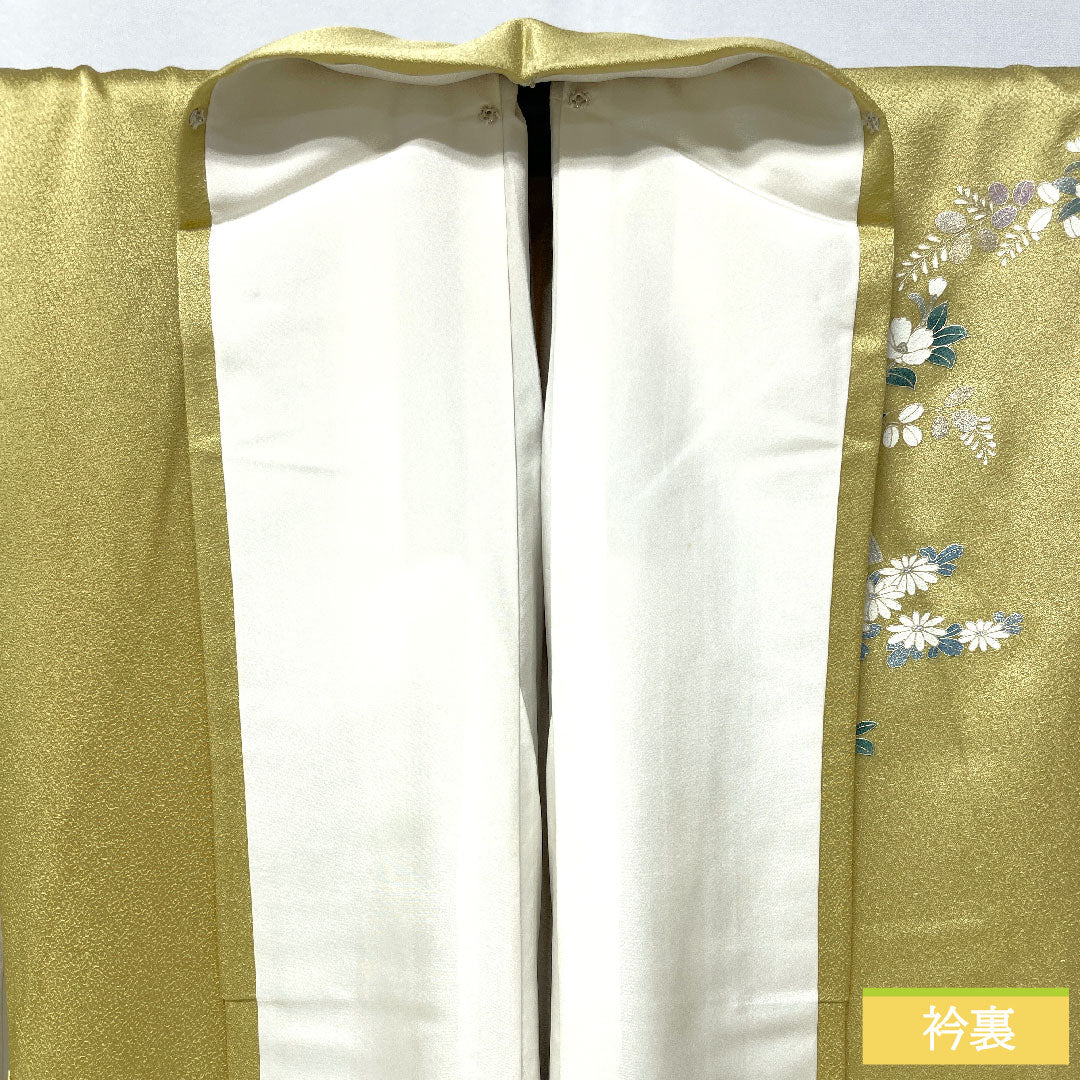 Homongi, pure silk, lined, length 156.5cm, sleeve length 63cm, faint yellow, Kyoto Yuzen, cherry blossom, chrysanthemum, bush clover, A rank, yellow, 1112005243323