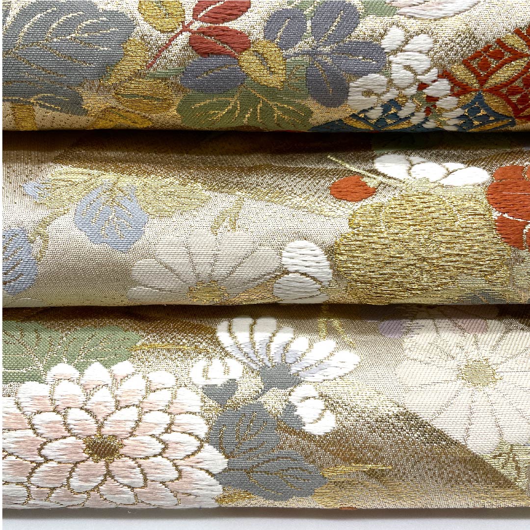 袋帯 生成り色（きなりいろ） 扇面 吉祥文様 七宝 帯丈424cm 正絹 Aランク 六通 フォーマル クリーム系 1123007573315