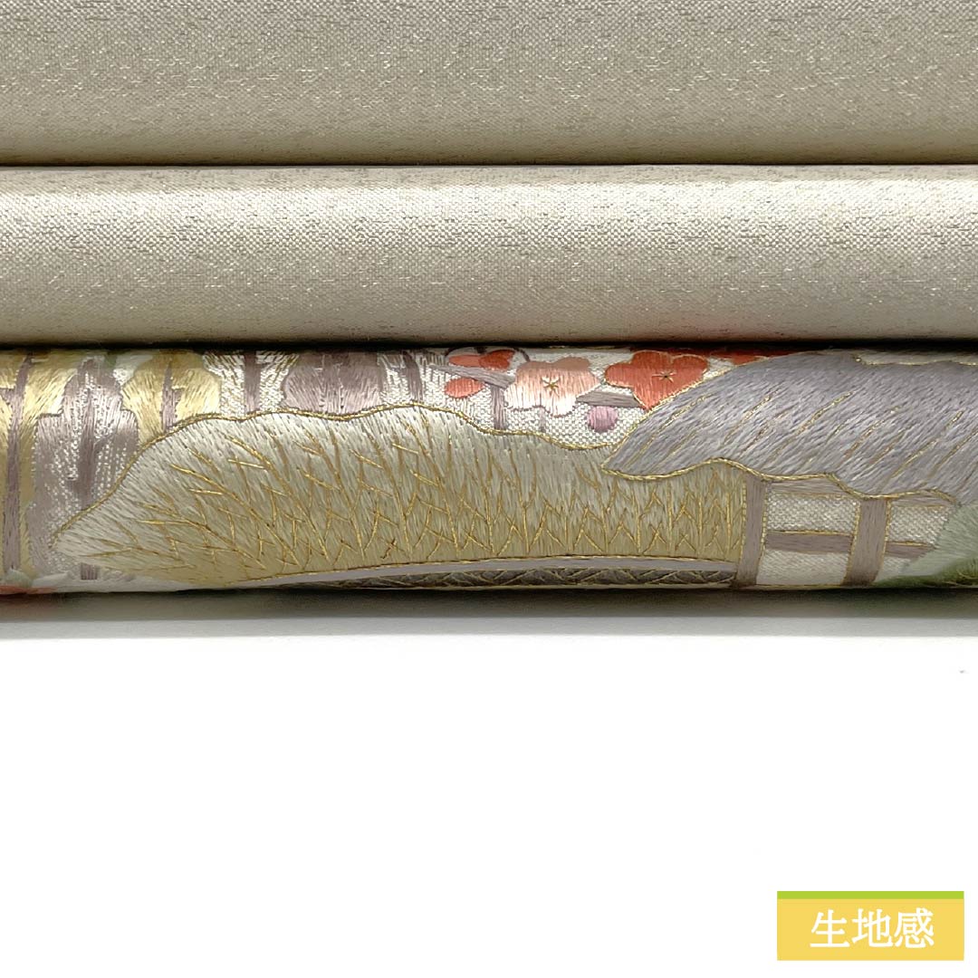 袋帯 正絹 Aランク 生成り色（きなりいろ） 蘇州刺繡 綴れ地 風景模様 銀糸 帯丈468cm ポイント柄 セミフォーマル 白系 1123017533411