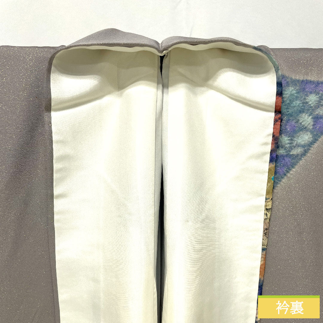 Homongi (formal kimono) made of pure silk, lined, length 159.5cm, sleeve length 64.5cm, purple-gray, Tsujigahana pattern, gold thread, A-rank, gray, 1112005063322