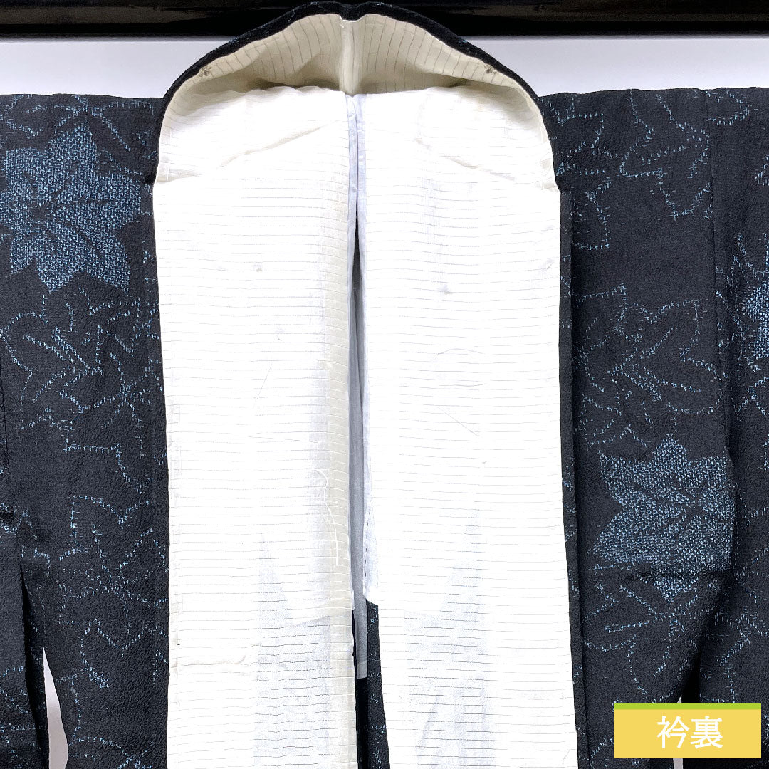 紬 正絹 身丈151.5cm 裄丈62cm  紅葉 Aランク 単衣 黒系 1116003153210
