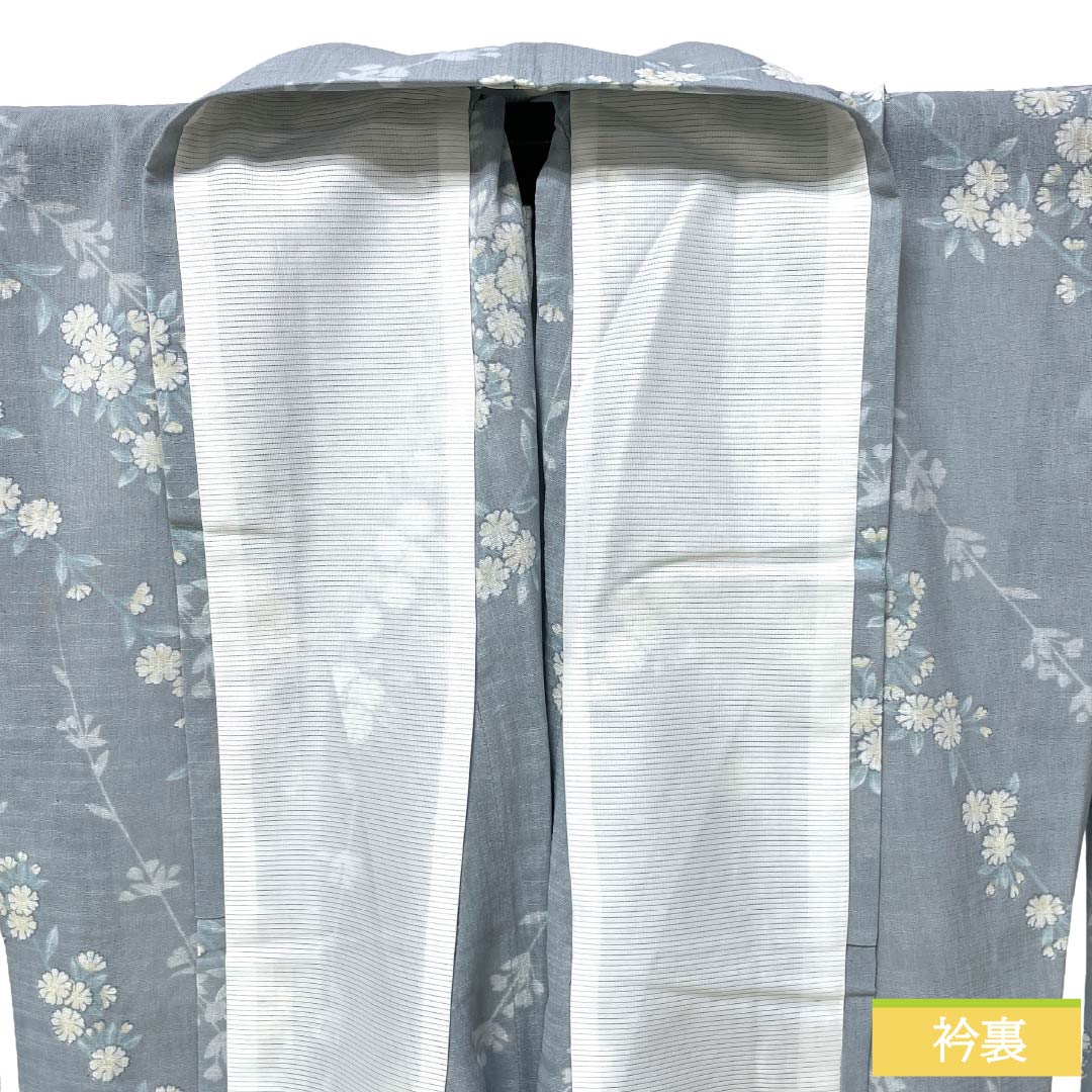 夏物 ポリエステル 小紋 Sランク 身丈161.5cm 裄丈66cm 空色鼠色（そらいろねずいろ） 草花模様 洗える着物 しつけ糸付き 紗 グレー系 1132003582422