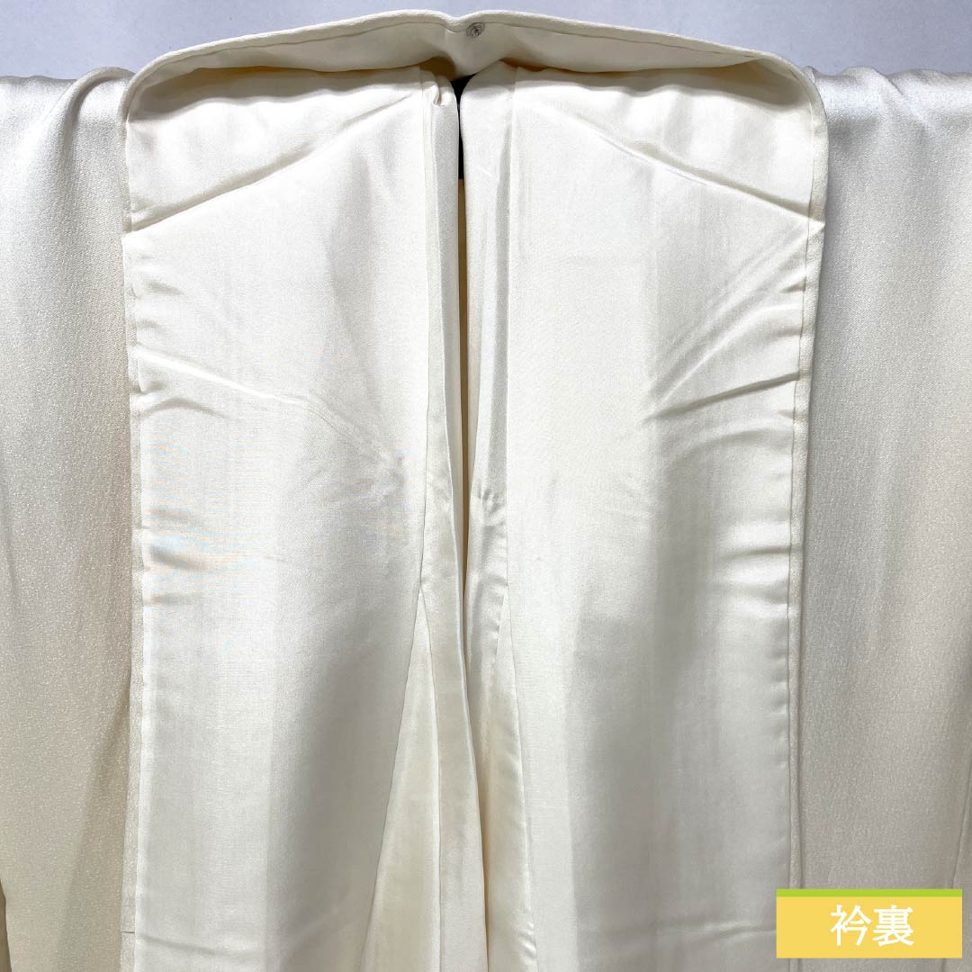 色留袖 正絹 Sランク 身丈160cm 裄丈60.5cm 袷 乳白色（にゅうはくしょく） 一つ紋 丸に木瓜 和田光正 金彩加工 時代風景模様 御所車 一つ紋 白系 1111002012411