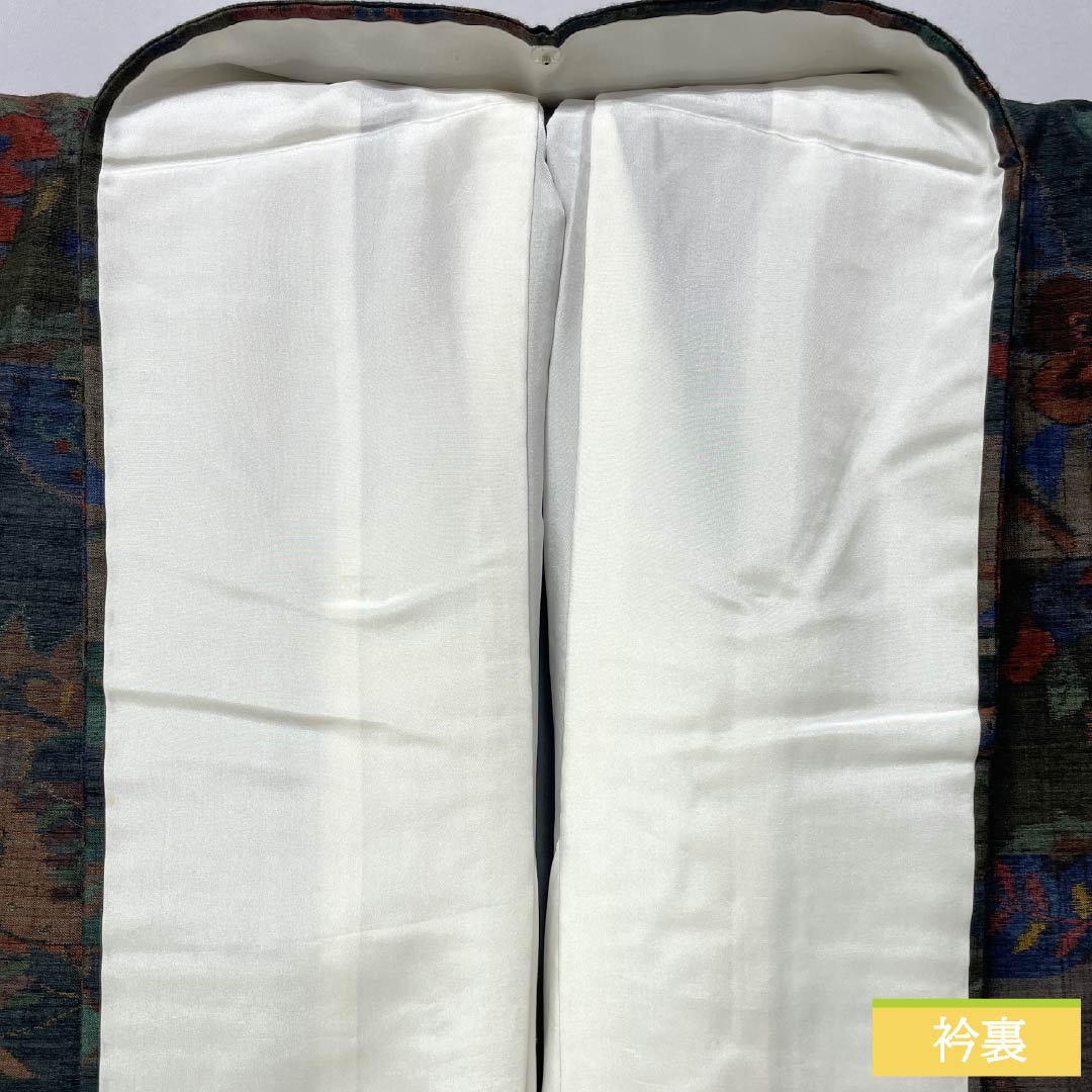 Pure silk tsumugi (pongee) with a horizontal stripe and abstract pattern, length 160.5cm, sleeve length 64cm, iron-colored, Ojiya tsumugi, grade A, lined, green, product number 1116003843419