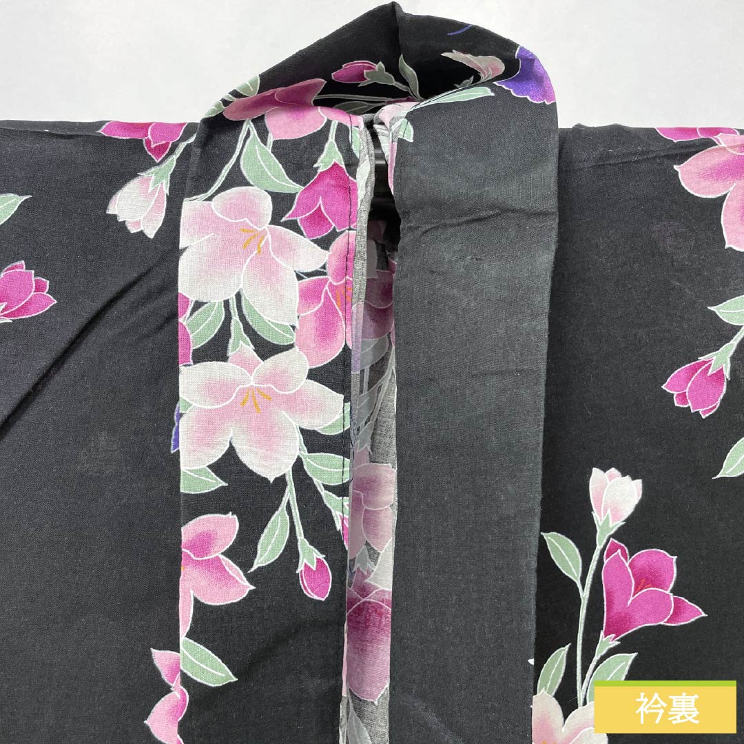 Cotton Yukata, Length 163cm, Sleeve Length 64cm, S Rank, Single Layer, Black, Iron Wire, Butterfly Design, 1118006082410